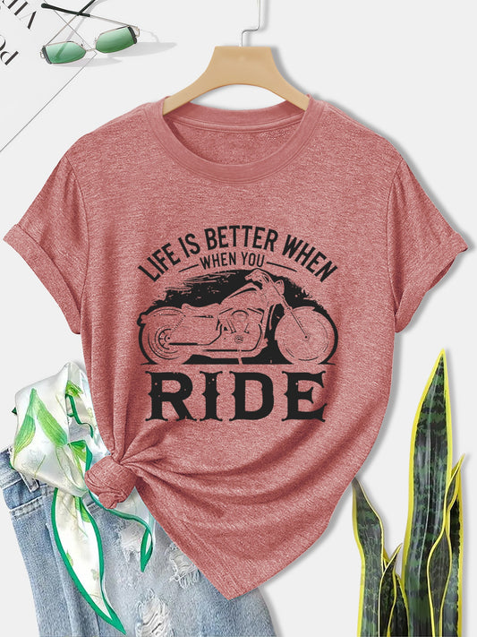 Women'S Motorcycle Graphic Long Sleeve T-Shirt - Turquoise Riding Slogan Print, Loose Fit Casual Top with Round Neck, All-Season Comfort for Motorcycle Enthusiasts, Outdoor Riding & Casual Attire, Breathable & Durable Apparel