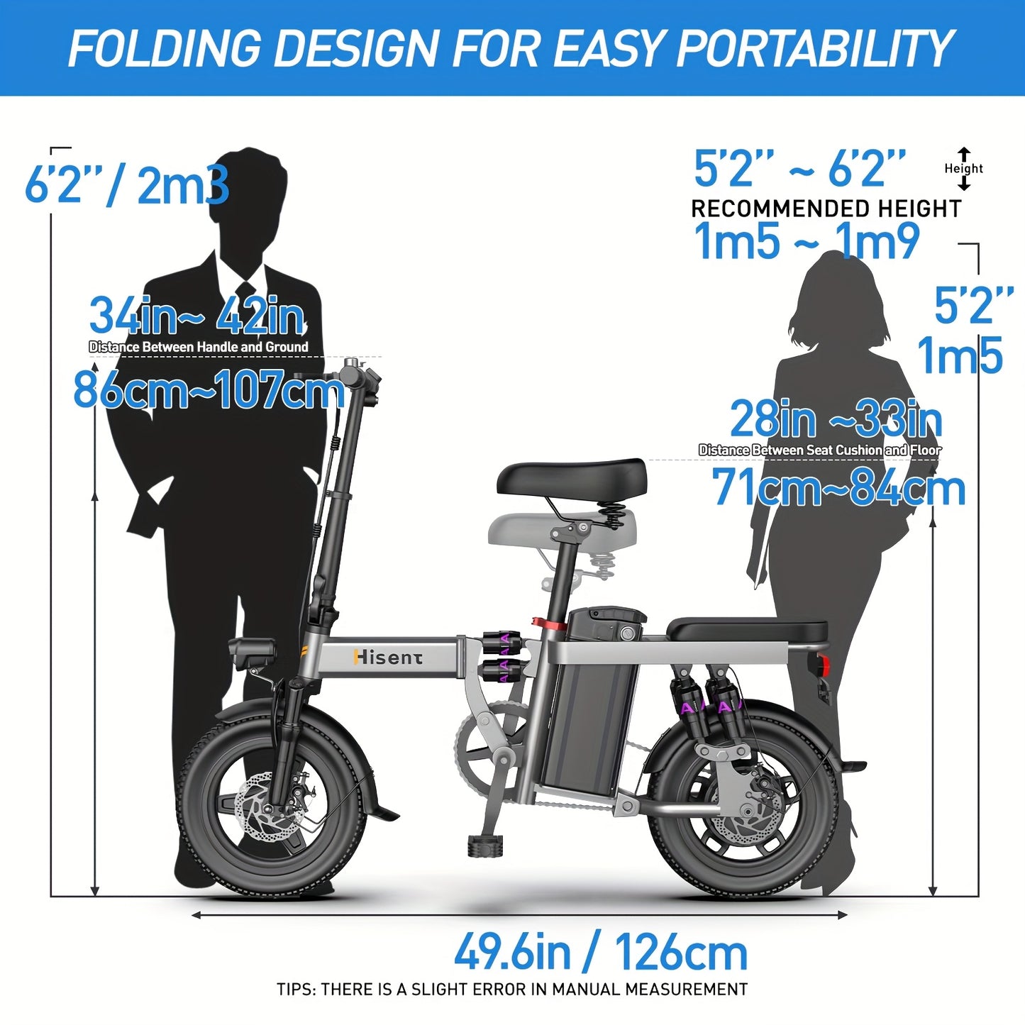 Hisent 740W Folding Electric Bike Is Suitable for Both Adults And Teenagers.14" Tires, 740W Brushless Motor, 48V 6A/10A/15A/17.5A Lithium Battery, Range Of 8-35 Miles, Multiple Shock Absorbers, Alloy Steel Frame, LCD Display