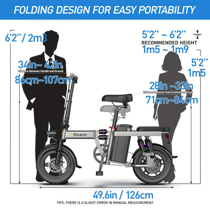 Hisent 740W Folding Electric Bike Is Suitable for Both Adults And Teenagers.14" Tires, 740W Brushless Motor, 48V 6A/10A/15A/17.5A Lithium Battery, Range Of 8-35 Miles, Multiple Shock Absorbers, Alloy Steel Frame, LCD Display