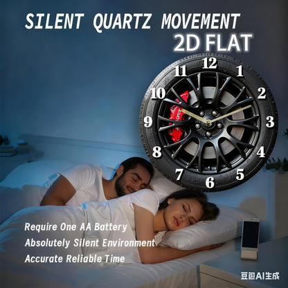 Modern minimalist car decoration - 12-inch silent wall clock, black wheels and red brake calipers, 2D flat surface - suitable for garages, living rooms, offices, industrial fashionable home decoration, garage decoration, uniq