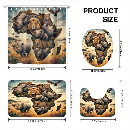 4pcs African Animal Totem Shower Curtain Set, Decoration Bathroom Set Includes 2D Flat Printed Shower Curtain, Non-Slip Floor Mat, Toilet Lid, Bathroom Mat And 12 Plastic Hooks, Bathroom Accessories, Home Decor, Dorm Room Dec