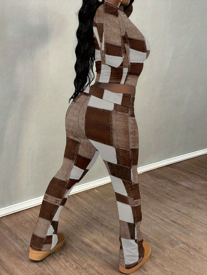 European and American style brown and white patchwork print two-piece set for women: long-sleeved cropped top + slightly flared trousers. Features visible stitching details for a unique and look.