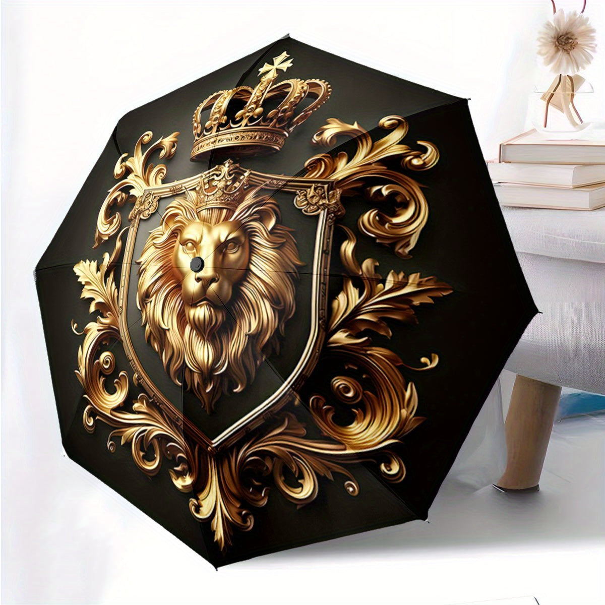 Automatic Open/Close Umbrella with Lion Crown Design - Luxury Black & Golden collapsible umbrella, 8-Rib sturdy frame, Automatic Folding for Travel, Formal Events - Regal Gift for Birthday, Christmas, Special Occasions, Every