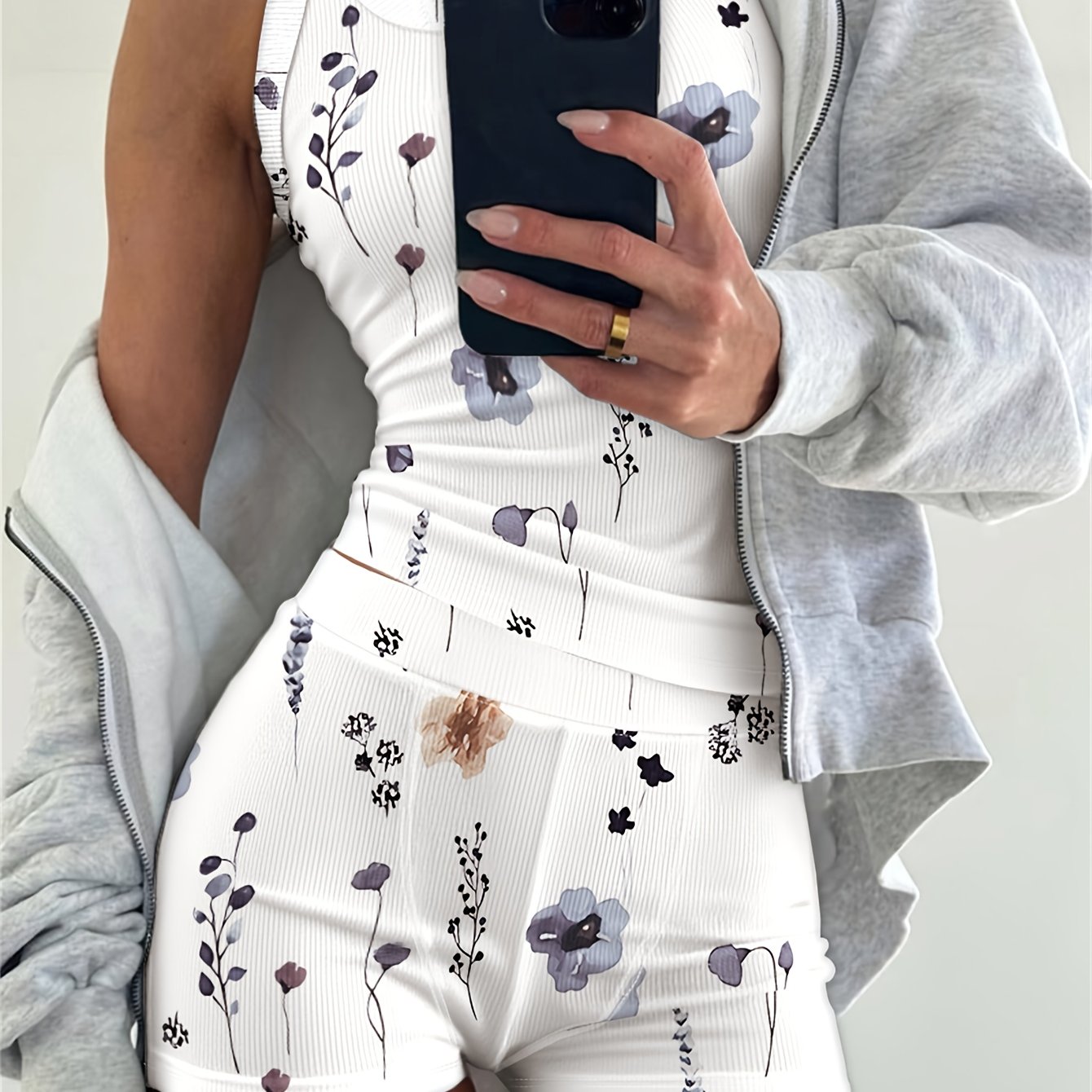 2pcs Outfit Floral Print U-Neck Tank Top And Elastic Waist Shorts Set Slim Fit Ribbed Set