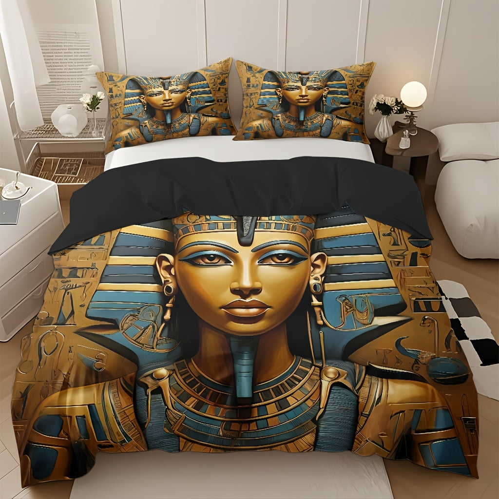 Pharaoh Theme Duvet Cover Set - Soft High-Definition Digital Print, Egyptian Style Golden And Blue, All-Season, Soft Breathable 100% Polyester, Perfect Gift For Family And Friends, Machine Washable, Includes 1 Duvet Cover + 2