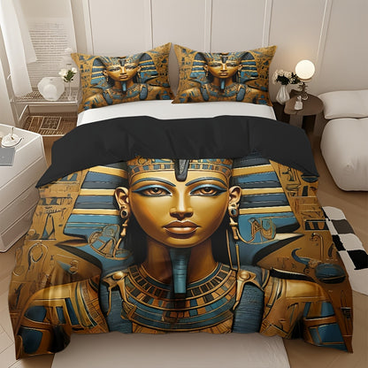 Pharaoh Theme Duvet Cover Set - Soft High-Definition Digital Print, Egyptian Style Golden And Blue, All-Season, Soft Breathable 100% Polyester, Perfect Gift For Family And Friends, Machine Washable, Includes 1 Duvet Cover + 2