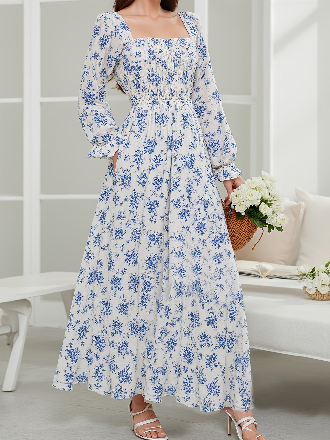 Elegant Long Dress for Women Featuring a Blue Floral Print, Side Slit, Square Neckline, And Ruffled Hem with Long Puff Sleeves, Perfect for Spring, Summer, And Autumn. This French Waist-Cinching Design Is Ideal for Beach Outi