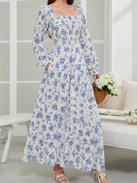 Elegant Long Dress for Women Featuring a Blue Floral Print, Side Slit, Square Neckline, And Ruffled Hem with Long Puff Sleeves, Perfect for Spring, Summer, And Autumn. This French Waist-Cinching Design Is Ideal for Beach Outi