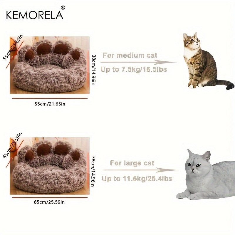 Bear Paw-Shaped Plush Pet Bed with Non-Slip Bottom - KEMORELA - Soft Polyester & Polyester Fiber Fill - Cozy Warm Cat & Dog Bed for Small Pets - Cute Animal-Themed Home Decor - Playful Design