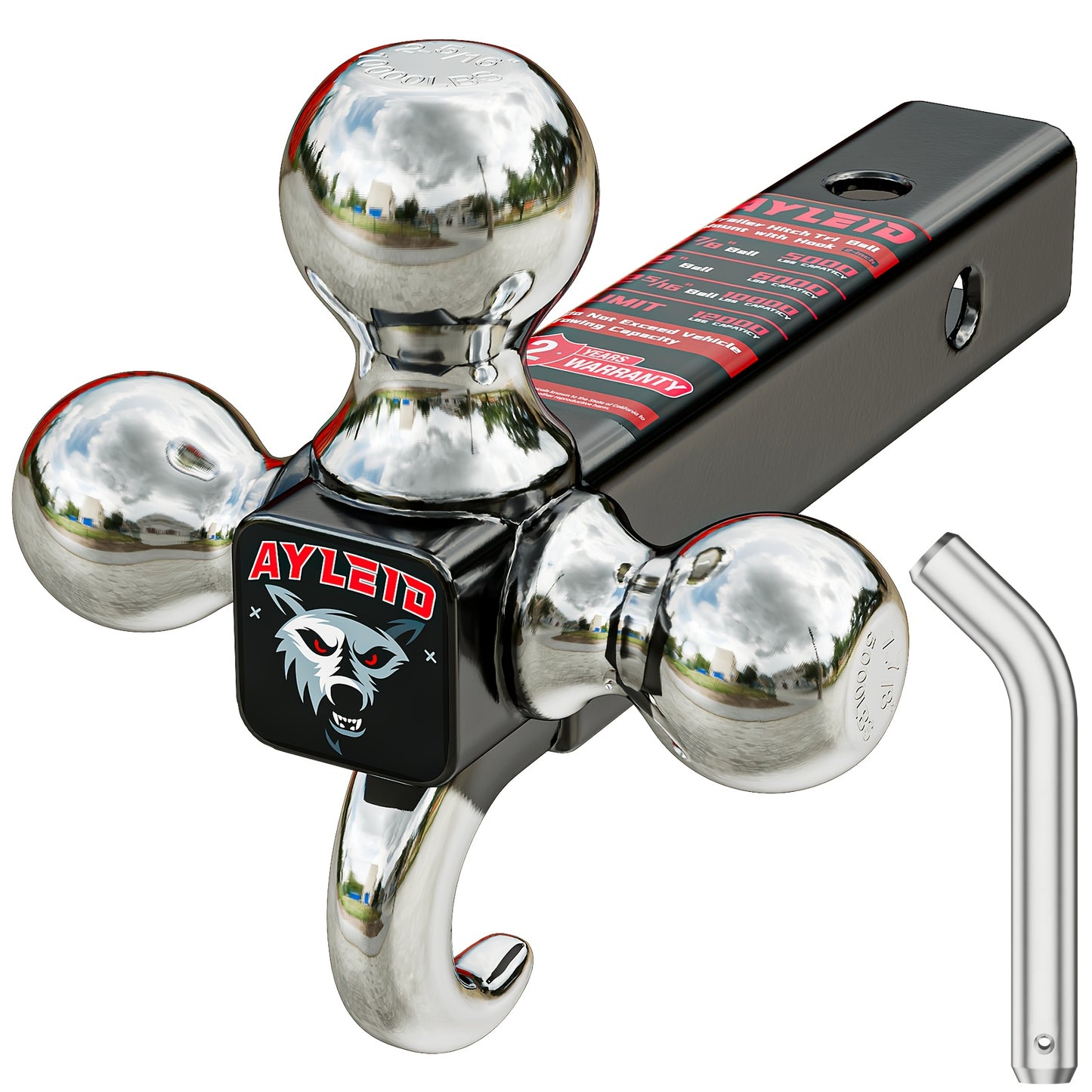 Ayleid Tri-Ball Trailer Hitch Mount with Rotatable Hook & Pin - Includes 3 Replaceable Balls (1-7/8", 2", 2-5/16") - Fits 2" Receiver for Secure Towing, Red Handle & Black Metal Construction