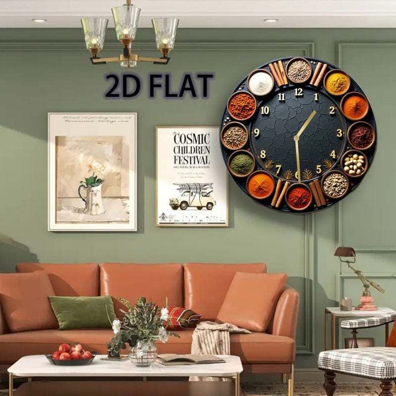 8-Inch Silent Round Wall Clock with Spice & Seasoning Holder - Acrylic Quartz Movement Kitchen Clock with Multicolor Spice Display (Cinnamon, Turmeric, Chili, Peppercorns) & Golden Hands - Battery-Powered (AA Not Included) fo