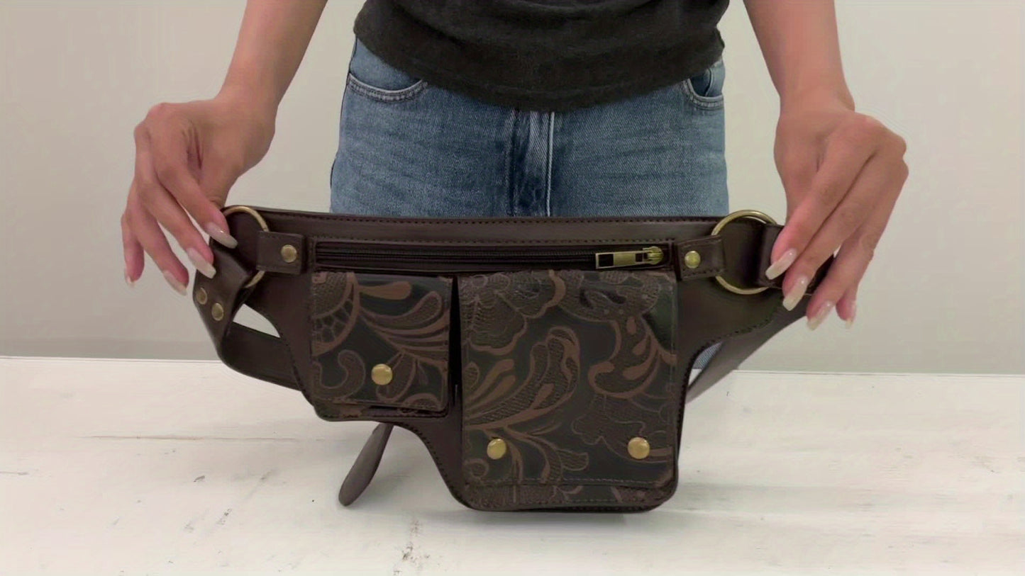 Convertible Crossbody Purse - Women's Adjustable Waist Bag with Floral Pattern - Zipper Closure & Snap Button - Synthetic Faux Leather Belt Bag for Everyday, Formal, Travel - Coffee Brown/Black, Crossbody Purse, Everyday Acce