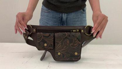 Convertible Crossbody Purse - Women's Adjustable Waist Bag with Floral Pattern - Zipper Closure & Snap Button - Synthetic Faux Leather Belt Bag for Everyday, Formal, Travel - Coffee Brown/Black, Crossbody Purse, Everyday Acce
