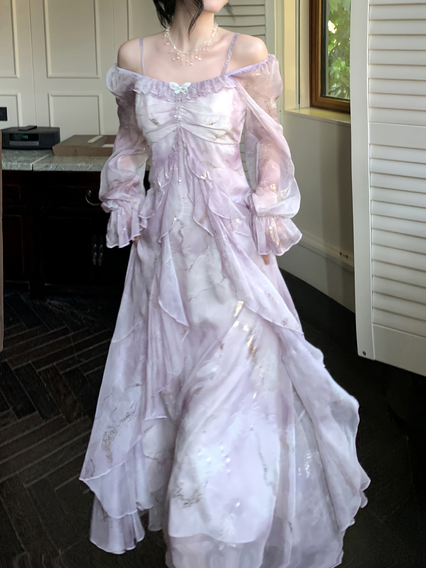 A Stylish Off-Shoulder Long Sleeve Dress for Women Featuring a Lavender Floral Pattern, Ruffle Collar, And A-Line Silhouette. Suitable for Both Formal And Casual Occasions, This Machine Washable Dress Is Perfect for Spring An