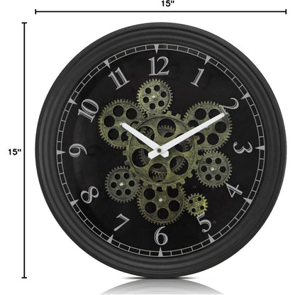 15 Inch Vintage Industrial Steampunk Metal Wall Clock with Moving Gears - Large & Golden Gear Mechanism, No Electricity Needed