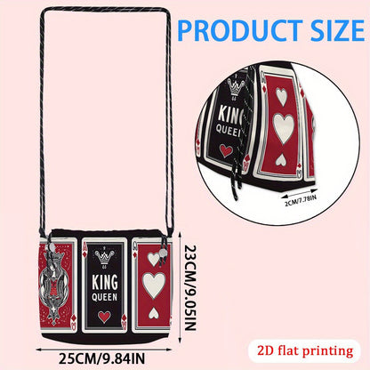 1pc Women's King & Queen Playing Card Print Crossbody Bag - Vibrant Red/Black/White Design with Hearts & Spades, Lightweight Drawstring Closure, Reusable Polyester Purse for Weddings, Parties, Travel, Everyday Use - Gift Idea