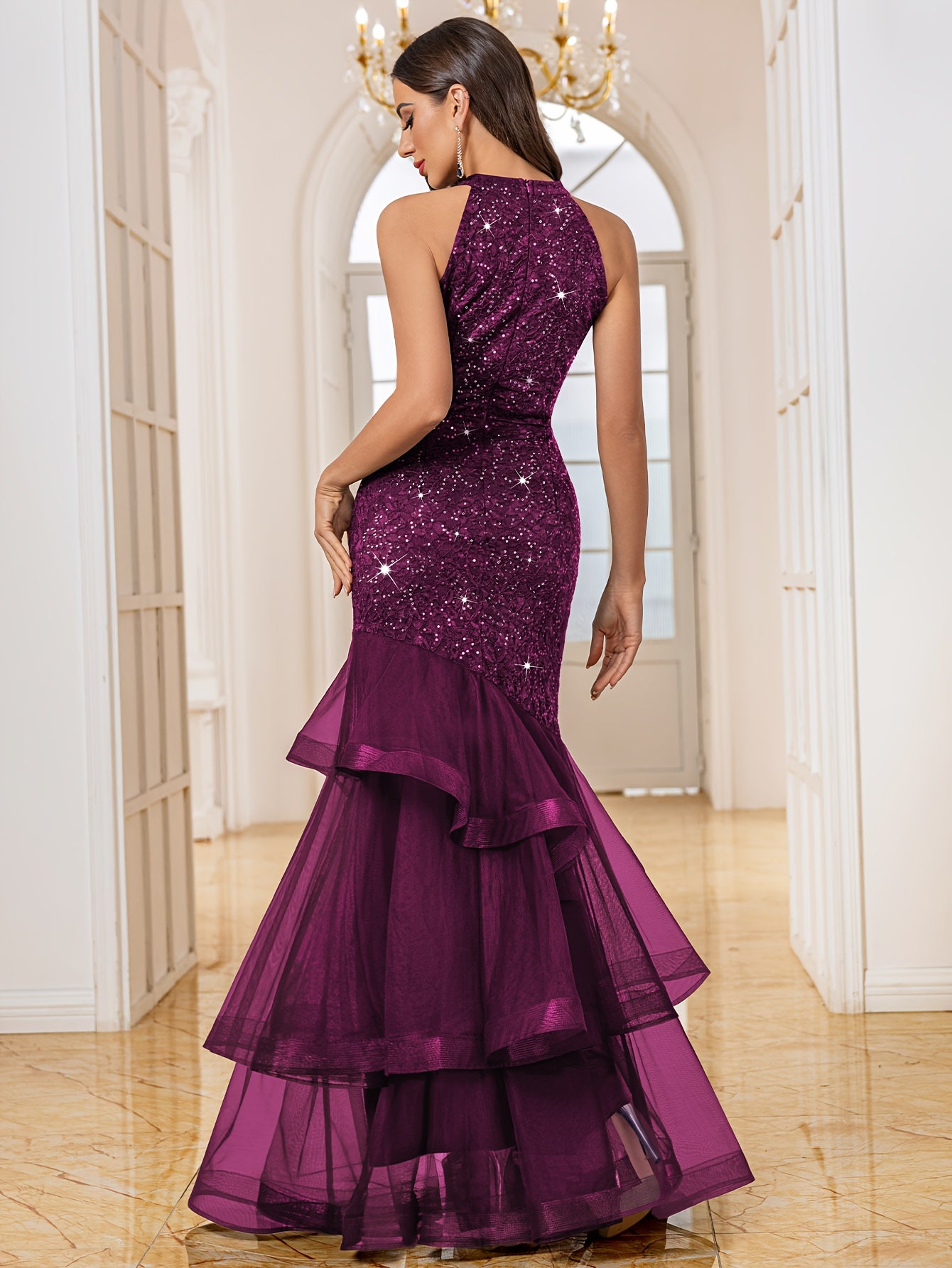 24483A Women's Elegant Halter Neck Sleeveless Sequin Lace Mesh Layered Ruffle Trim A-Line Fitted Wedding Party Bridesmaid Dress Evening Gown Maxi Dress