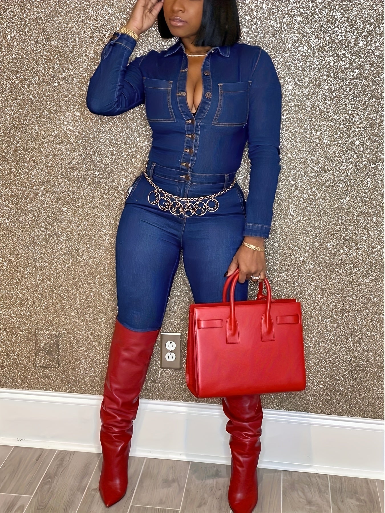 Women'S Stylish Blue Long - Sleeve Button - Front Denim Jumpsuit Chest Pockets & Deep V - Neck, Trendy For Night Out, Parties, Party Events, Clubbing & Evening Gatherings - Must - Have Fashion
