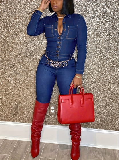 Women'S Stylish Blue Long - Sleeve Button - Front Denim Jumpsuit Chest Pockets & Deep V - Neck, Trendy For Night Out, Parties, Party Events, Clubbing & Evening Gatherings - Must - Have Fashion