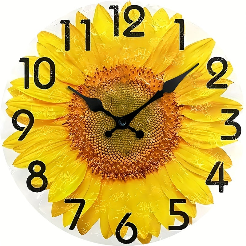 JFHT Large Sunflower Wall Clock - Silent Non-Ticking Modern Farmhouse Decor with Black Hands & Yellow Face, Easy-to-Read Large Numerals, Wood Round Clock for Living Room, Kitchen, Bedroom - (AA Battery Not Included) - Vibrant