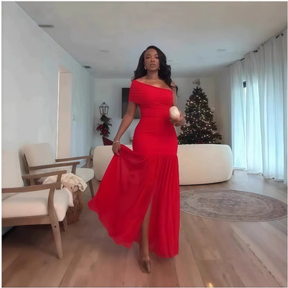 Elegant Mermaid/Trumpet Long Dress - Sleeveless Asymmetrical Slanted Collar & Slit Hem, Slim Fit -Length Party Wedding Guest Gown, Prom Dress for Themed Events, Daily Wear (No Feathers)