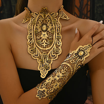 2pcs Halloween Gothic Exaggerated Hollow-Out Lace Skull Bracelet And Necklace Set for Women