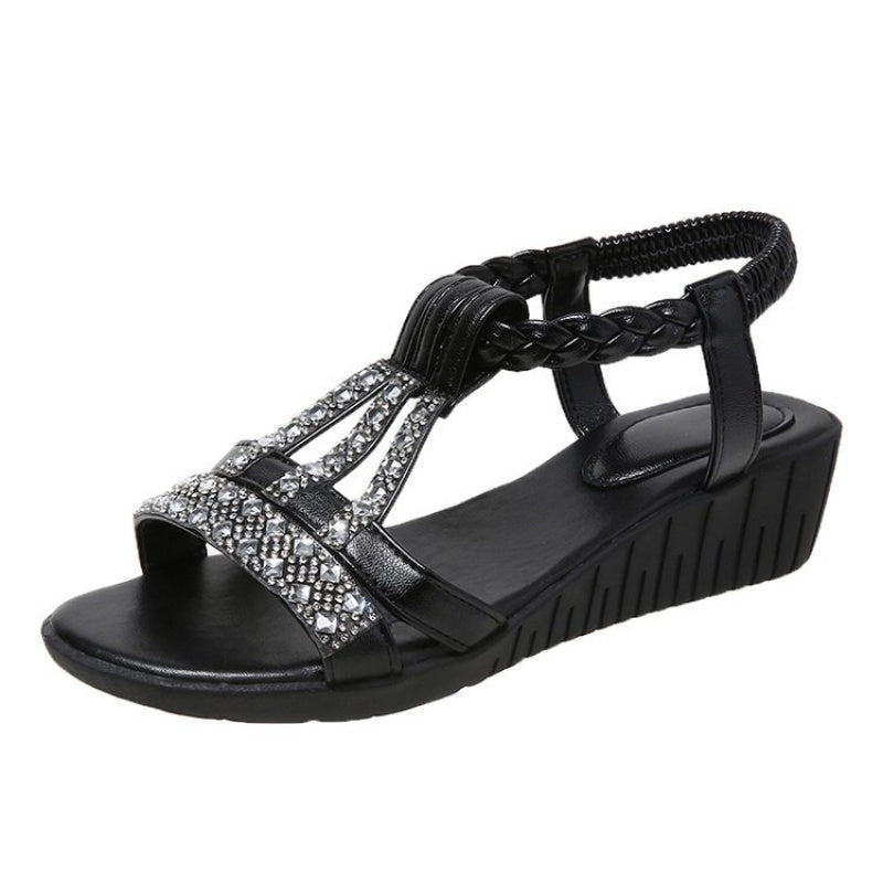 Women's Roman Sandals - Slip-On Wedge Heel Shoes with Ankle Strap, Cushioned Insole & Non-Slip Sole - Black Formal/Casual Footwear for Parties, Beach, Everyday - Plus Size Available, Party Wear, Fashionable Design, Comfortabl