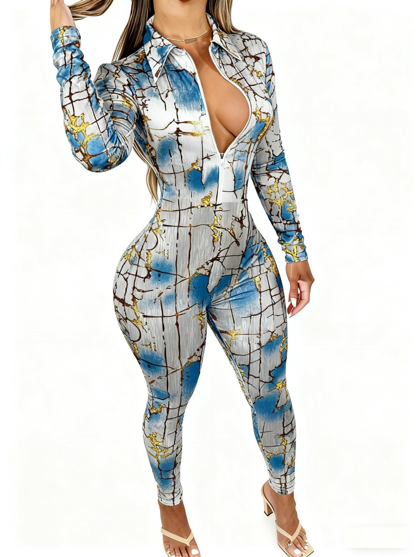 Women's Lightweight Full-Body Animal Print Jumpsuit - Zipper Front Long Sleeve Suit, Tight-Bodied One-Piece for All-Season Casual Wear, Machine Washable y Outfit ( Collar)