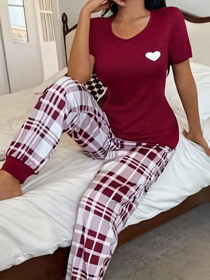 Women'S Red & Plaid Long Pajama Set - Cozy Fall Pajamas with Heart Pattern, Round Neck, Casual Style, All-Season Comfort, Perfect for Home Relaxation, Cozy Home Wear | Plaid Pajama Set | Comfortable Fit