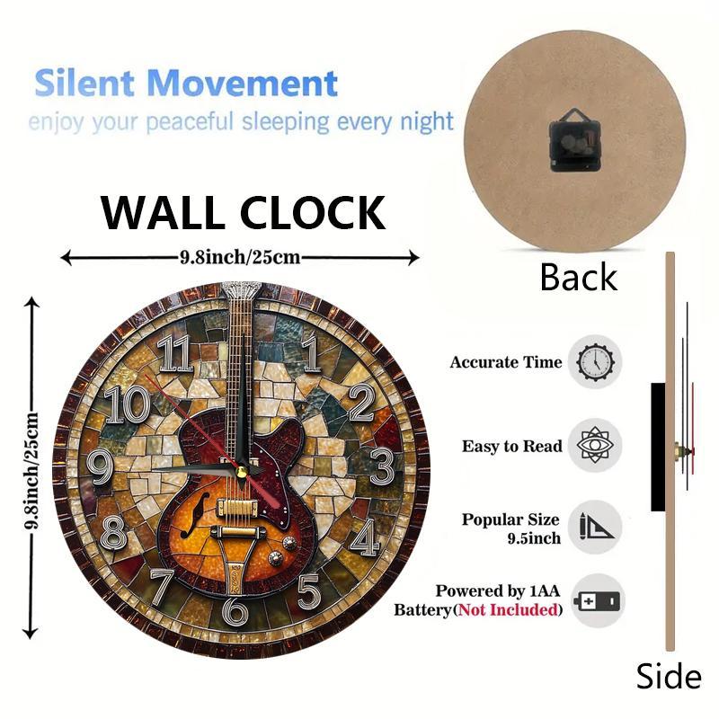 1pc Rustic Farmhouse Style Wooden Round Wall Clock, Guitar Theme, Silent Movement, Easy-to-Read, AA Battery Operated (Not Included), 9.8x9.8 inches for Home, Kitchen, Bedroom, Office Decor