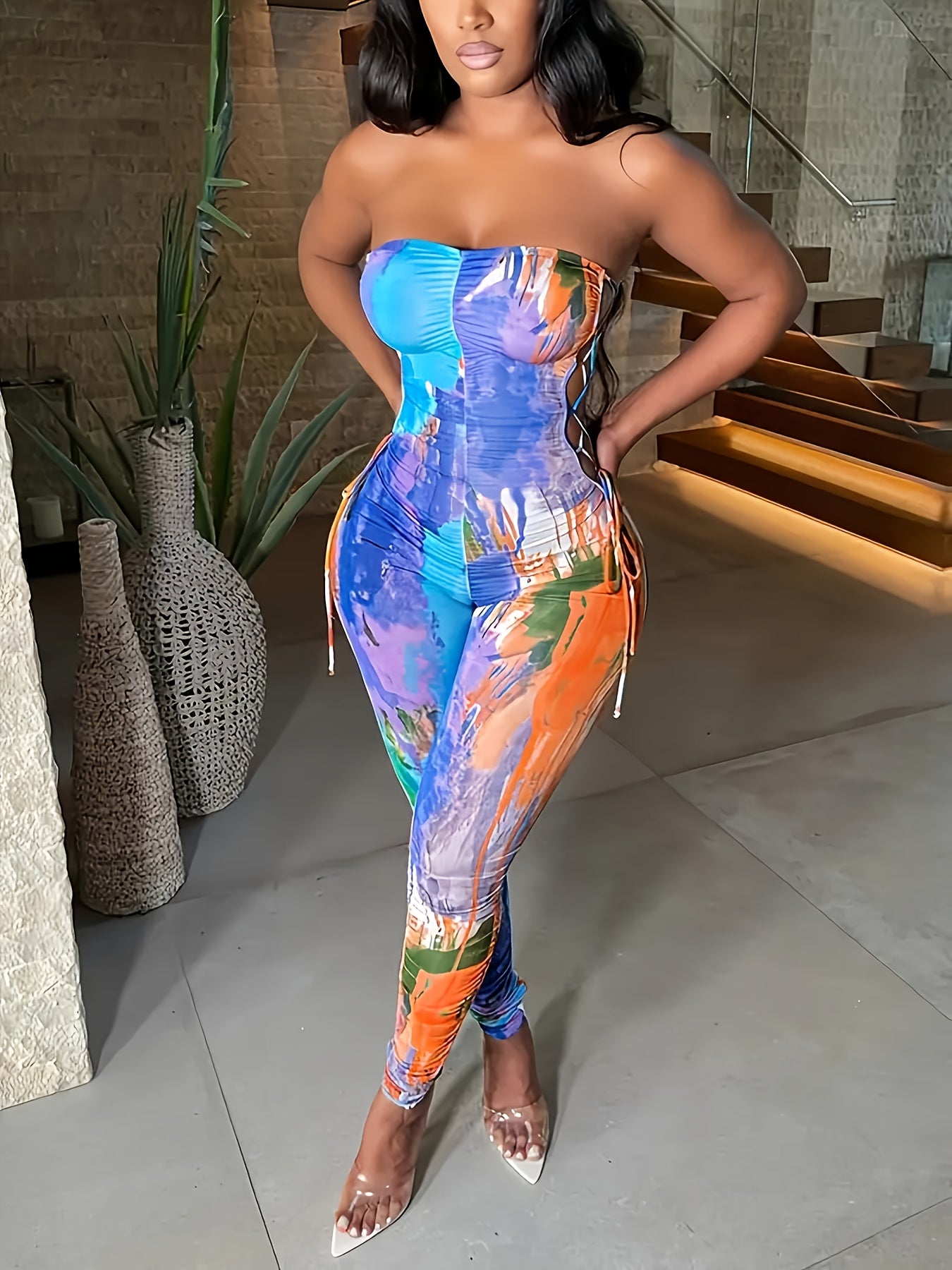 Women'S Sexy Tie-Dye one-piece jumpsuit - Sleeveless outfit with Wrapped Chest, Non-See-Through Fabric for Parties, Dates, Night Out - Sexy Clubwear Jumpsuit in Blue/Orange/Red/Black/White/Gray/Beige/ - Easy-to-Wear Formal At