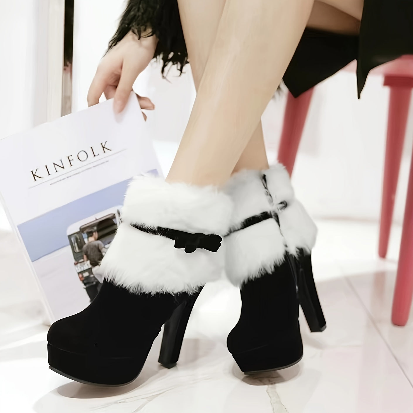 Women's Plush Lined Short Bowknot Boots with High Block Heel - Round Toe Zipper Closure Winter Boots, Soft Rubber Sole & Bow Accent Christmas Boots for Jeans/Casual Outfits (Hand Washable)