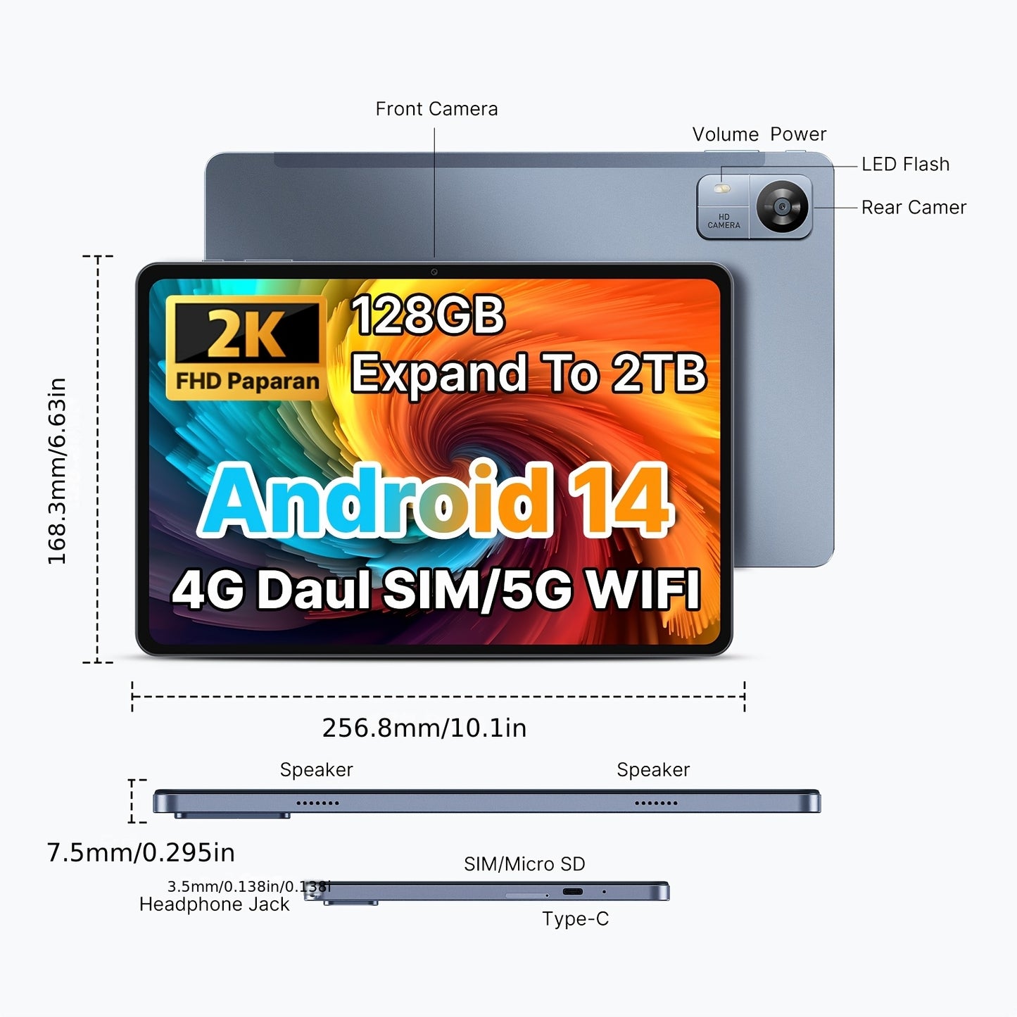 SUXI 2025 New 4G LTE Android 14 Tablet with Calling Capabilities, 10.1-inch FHD In-cell Screen, Octa-core Chip, 12GB RAM + 128GB Storage (expandable Up to 2TB), 5G Wi-Fi, Dual Cameras. Suitable for Gaming, Office Work, Studyi
