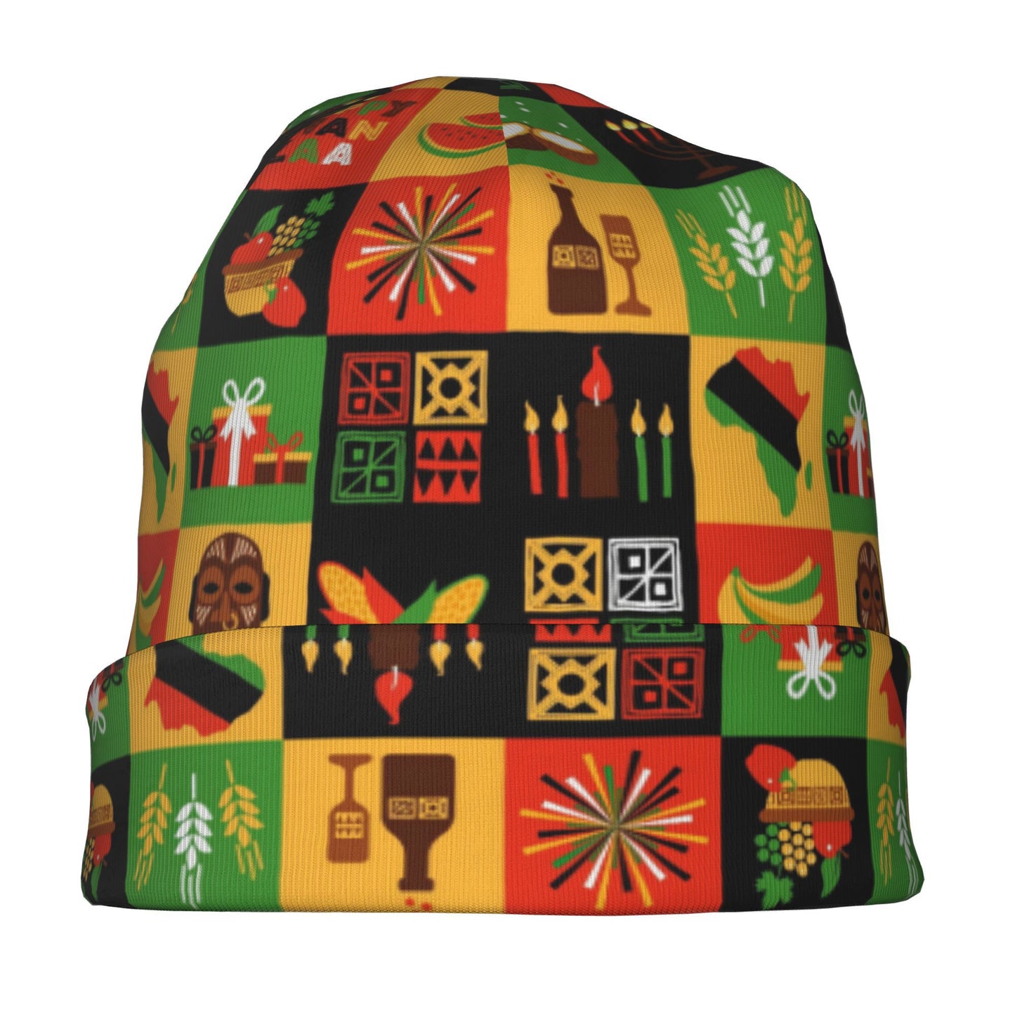 Kwanzaa-Themed Beanie Hat - African-Inspired Cultural Design with Maasai Tribe & African Masks, Soft Unisex Winter Cap for Women & Men, Birthday/Christmas Gift