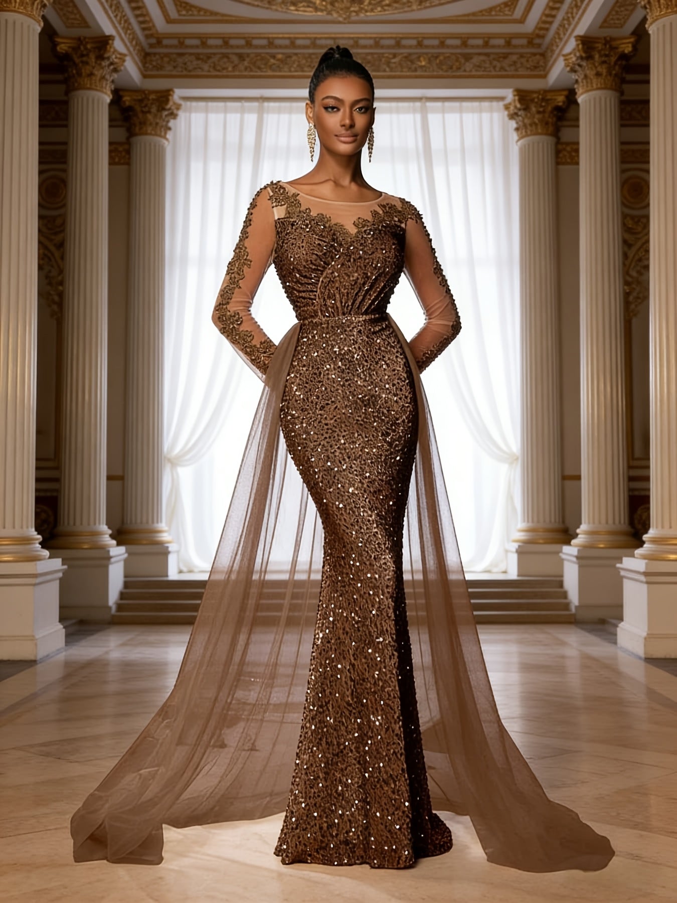 Women'S Multi-Color Sequin Mermaid Formal Gown | Long Sleeve Illusion Top Cape Train Evening Dress, Perfect for Prom, Gala Nights, Wedding Guest Events & Luxury Occasions