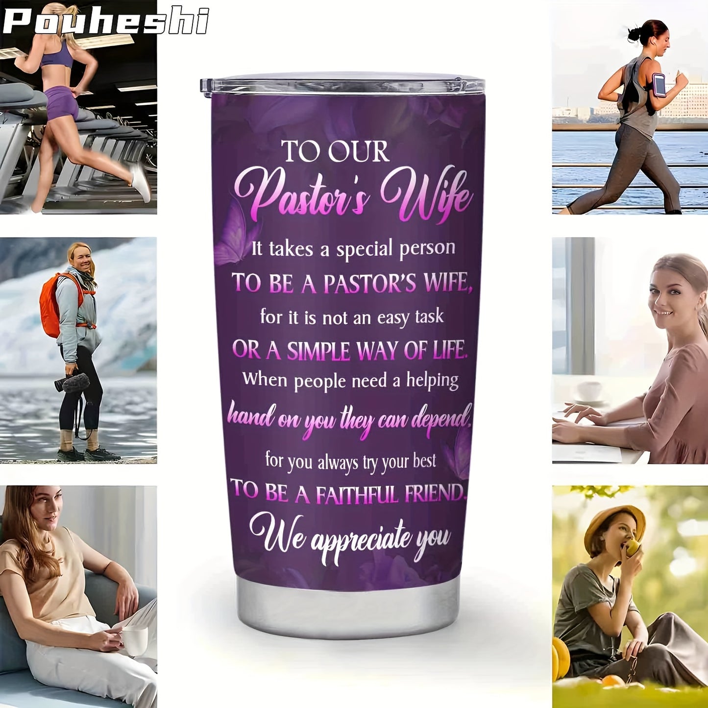 1pc 20oz Double-Layer Insulated Stainless Steel Water Cup, Shatterproof, Sealable, With Lid, 304 Stainless Steel, Letter Print, Pastor'S Wife Theme, Personalized Gift, for Friend