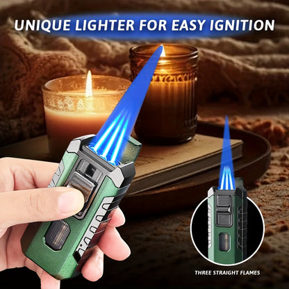 A Lighter That Resists Wind, Featuring a Triple Flame with Direct Injection, Made of Metal And Equipped with a Viewing Window. It'S a Refillable, Portable Lighter with an Adjustable Flame