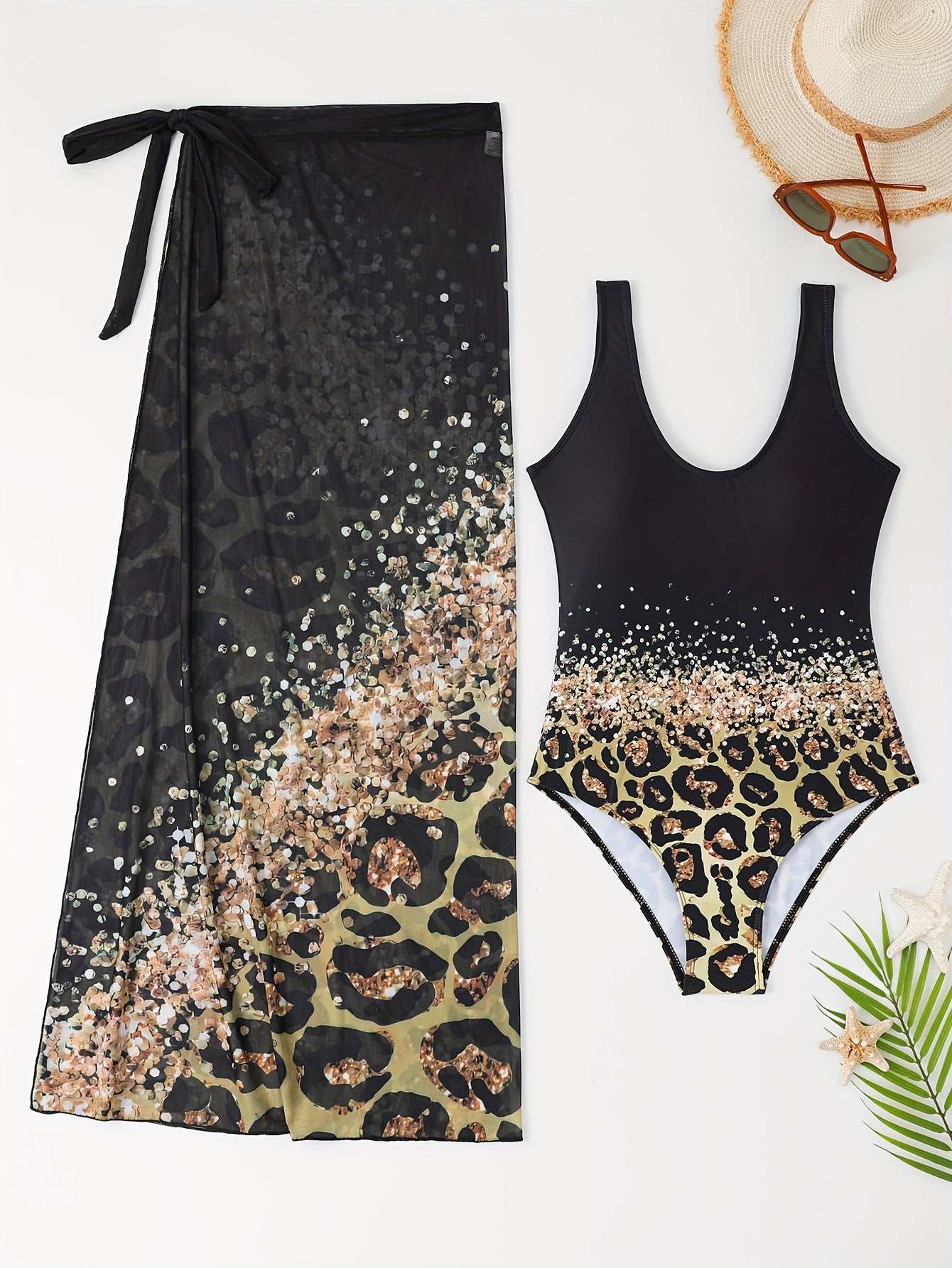 Lake Green Limited Edition Leopard Print One-Piece Swimsuit + Leopard Print Wrap Skirt