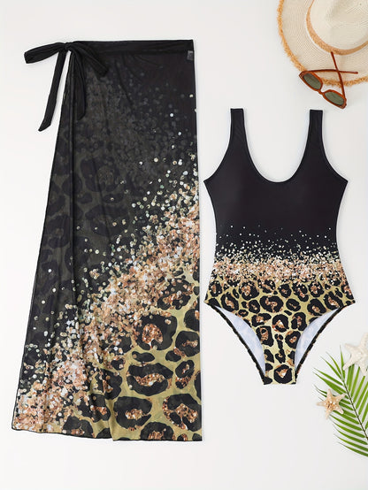 Lake Green Limited Edition Leopard Print One-Piece Swimsuit + Leopard Print Wrap Skirt