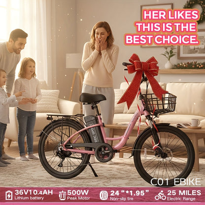 Cruiser Electric Bike For Women, 500W Motor 36V/10.4Ah Removable Battery, 25-40 Miles 20MPH, 24 Inch Electric Bike High-Carbon Steel Frame, 7-Speed With Front Basket -Beach Commuter Ebike For Adults, Ebike With Basket, Sakura
