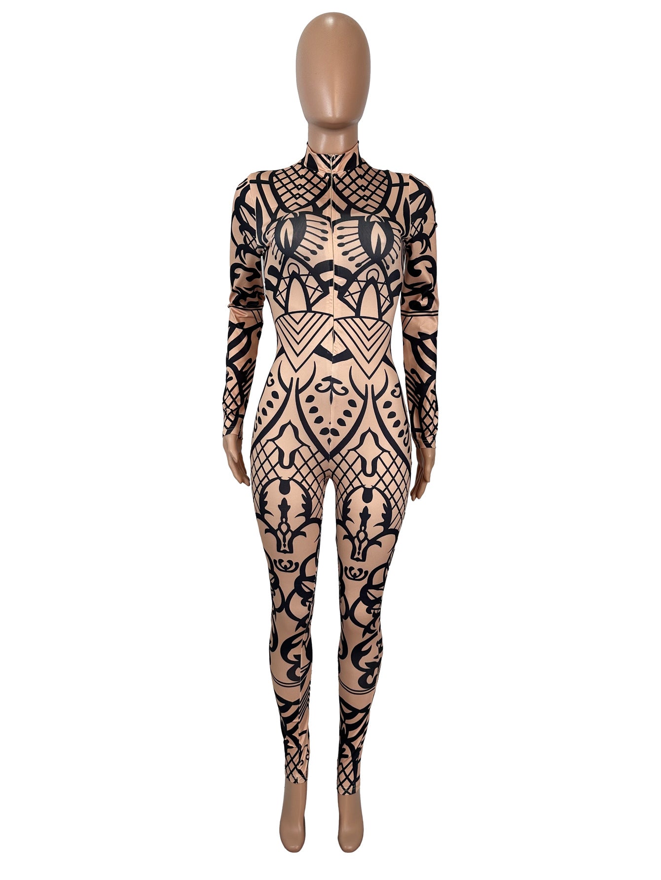 Women'S Sexy Geometric Print Full-Zip Jumpsuit - Long Sleeve Full-Length Pants Bodysuit with V-Neck, All-Over & Pattern, Stretchy Comfort Fit for Casual to Formal Events, Year-Round Wear, Easy Zipper Closure (No Fasteners) -