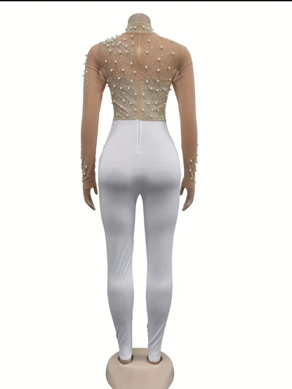 Elegant Women'S Black Jumpsuit with Pearl And Rhinestone Embellishments, Featuring Sheer Mesh Long Sleeves for Evening Events