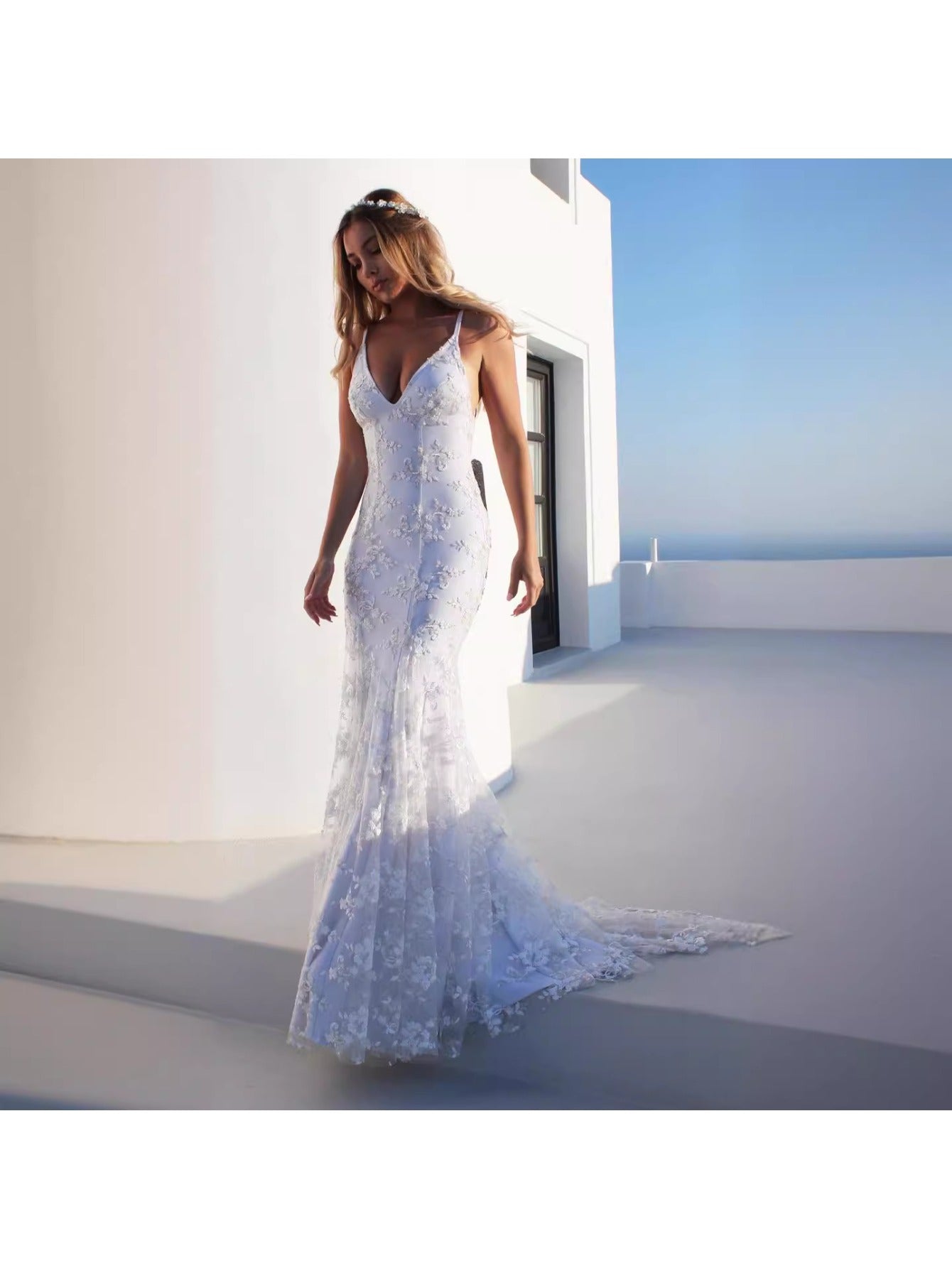Elegant Formal Gown | Sleeveless Spaghetti Strap White Maxi Dress with V Neck - Perfect for Wedding Guest, Gala Dinner & Engagement Party