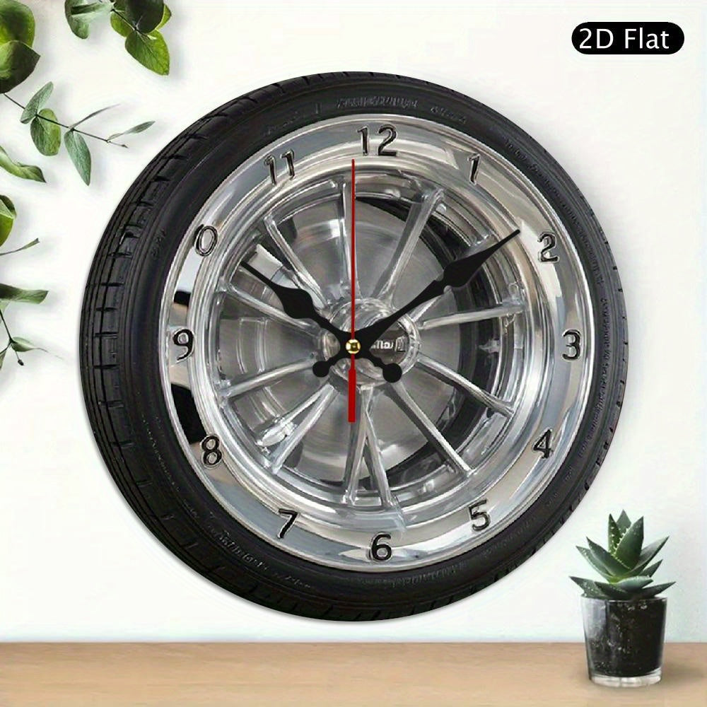 2D Flat 1pc Silent Wall Clock with Car Wheel Design Wooden Wall Clock, 10Inch Modern Home Decor for Living Room, Bedroom, Office - Father's Day, Birthday, Holiday Gift, Battery Not Included, Clock Wall Decor, Bedroom Accessor