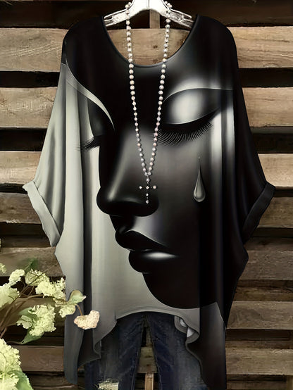 Plus Size - Casual Elegant Comfortable Crew Neck Short Sleeve T-Shirt | Large Size, Tearful Dream Portrait Print, No Accessories