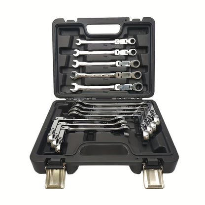 12pcs PMMJ Ratchet Wrench Set - Double Jointed, Flex-Head, Metric 8-19mm, 72-Teeth, 12-Point, Chrome Vanadium Steel, Foldable Design, with Storage Box, for Auto, Motorcycle, Bicycle Repair / Mechanical Maintenance, Durable &
