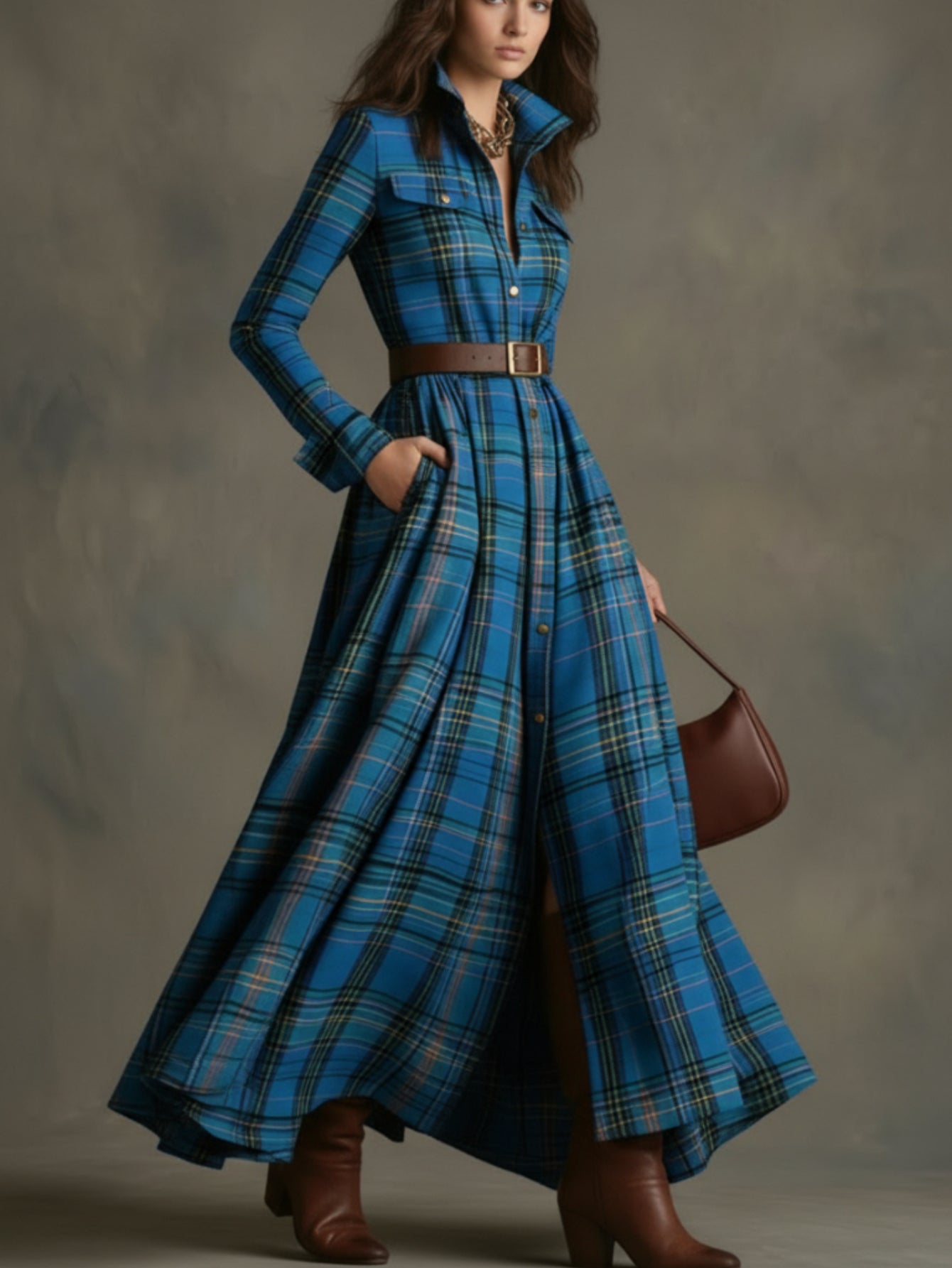 Royal Blue Plaid Waist-Tied Maxi Dress | Retro Eye-Catching Casual Style, a Standout Piece for Date Commutes and Casual Occasions