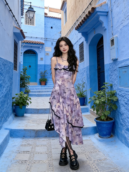 French Vintage Butterfly Floral Camisole Fairy Dress, New Summer Style, Elegant Waist- Mesh Midi Dress