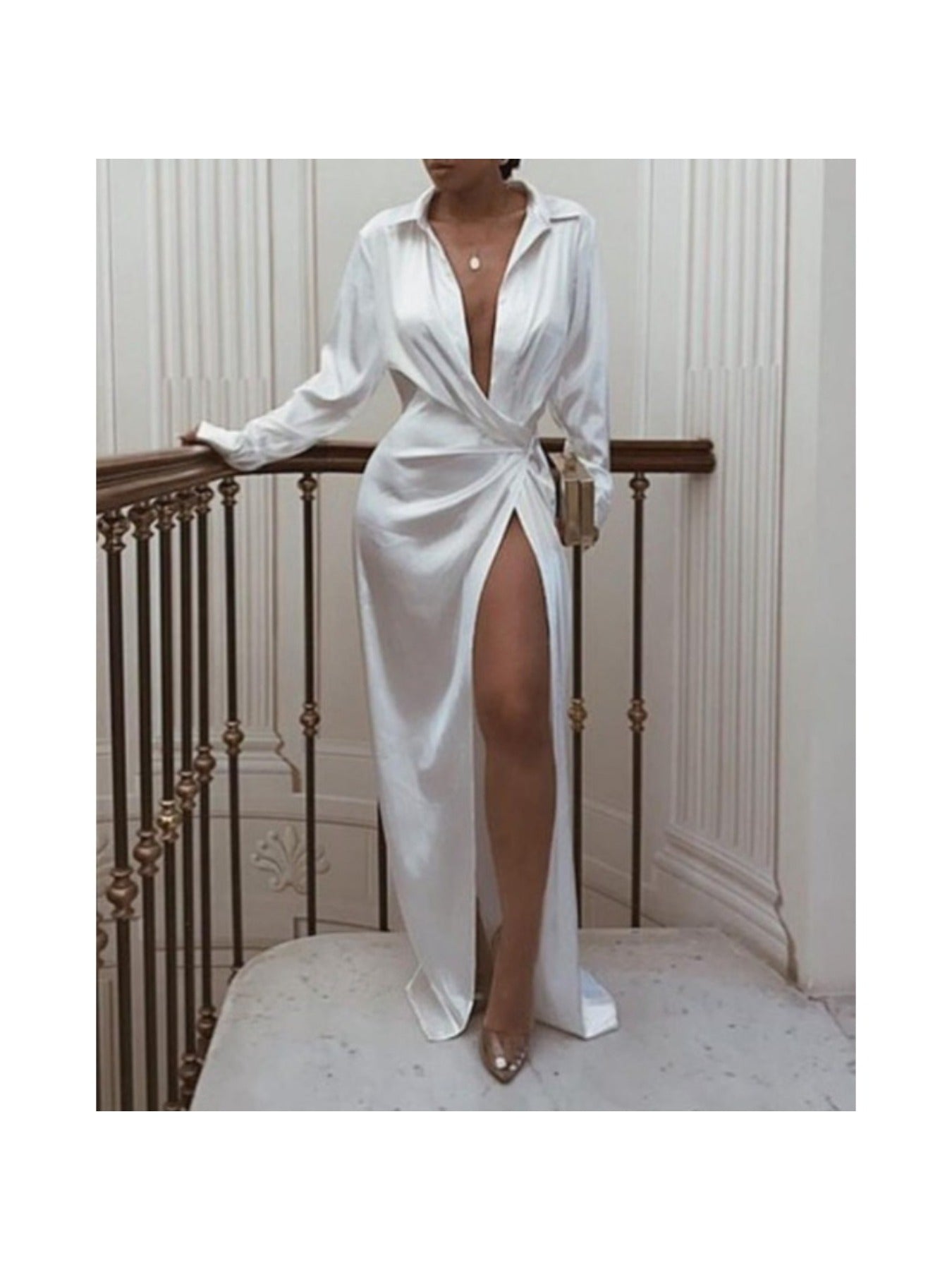 Women's Elegant Split Forked Long Dress with Lace-Up Long Sleeves - -Length Formal Wedding Guest Gown, Year-Round Party Dress, Machine Washable & Dry Cleanable, All-Season Wear (No Sheer Panels)