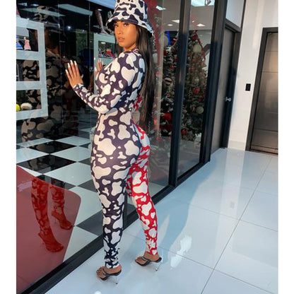 D9809 Women'S Relaxed Jumpsuit Featuring a Casual Print, Long Sleeves, And Suitable for Home Wear